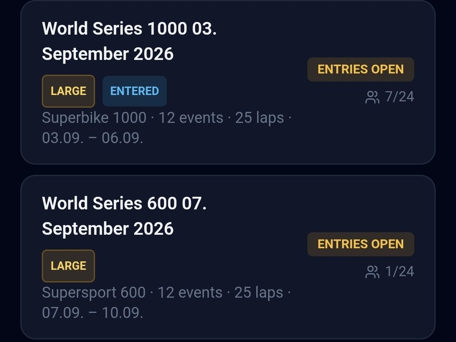 Race series calendar with two series open for entry, showing class, number of events, laps and dates