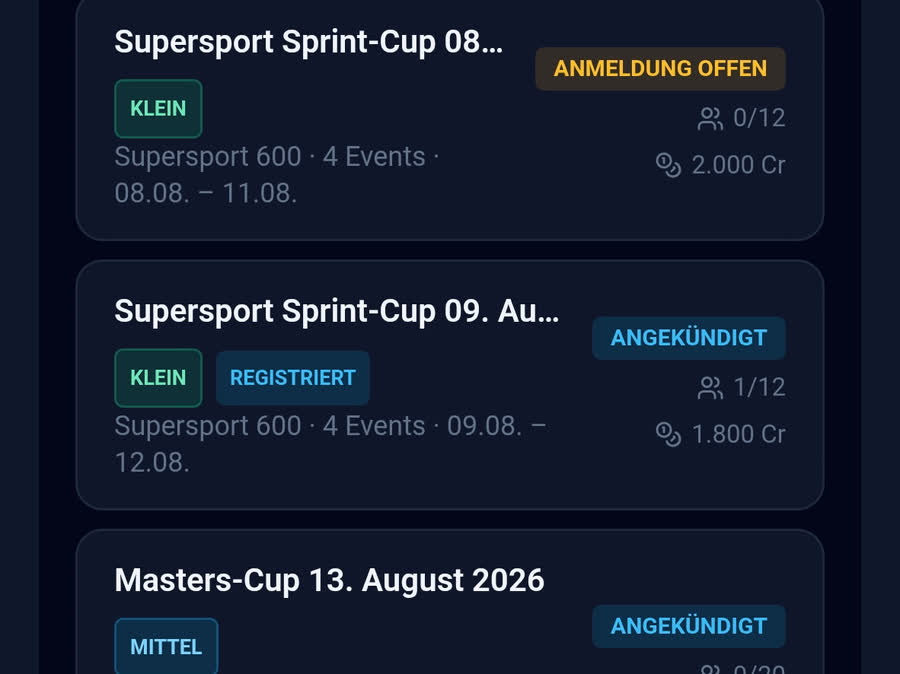 Rennserienkalender mit offenen Anmeldungen, Teilnehmerzahl und Preisgeld